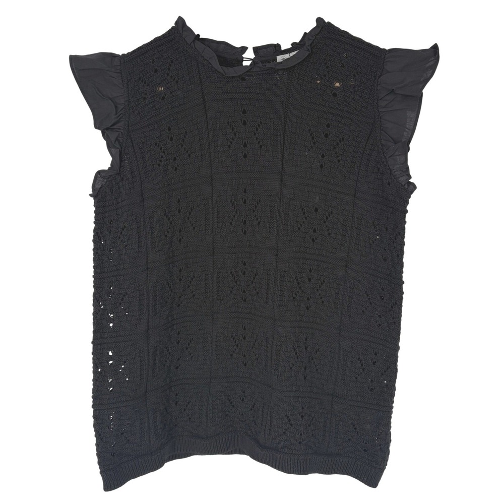 Grace + Karma Womens Pointelle Knit Top Size‎ M Black Ruffle Cap Sleeve Whimsy